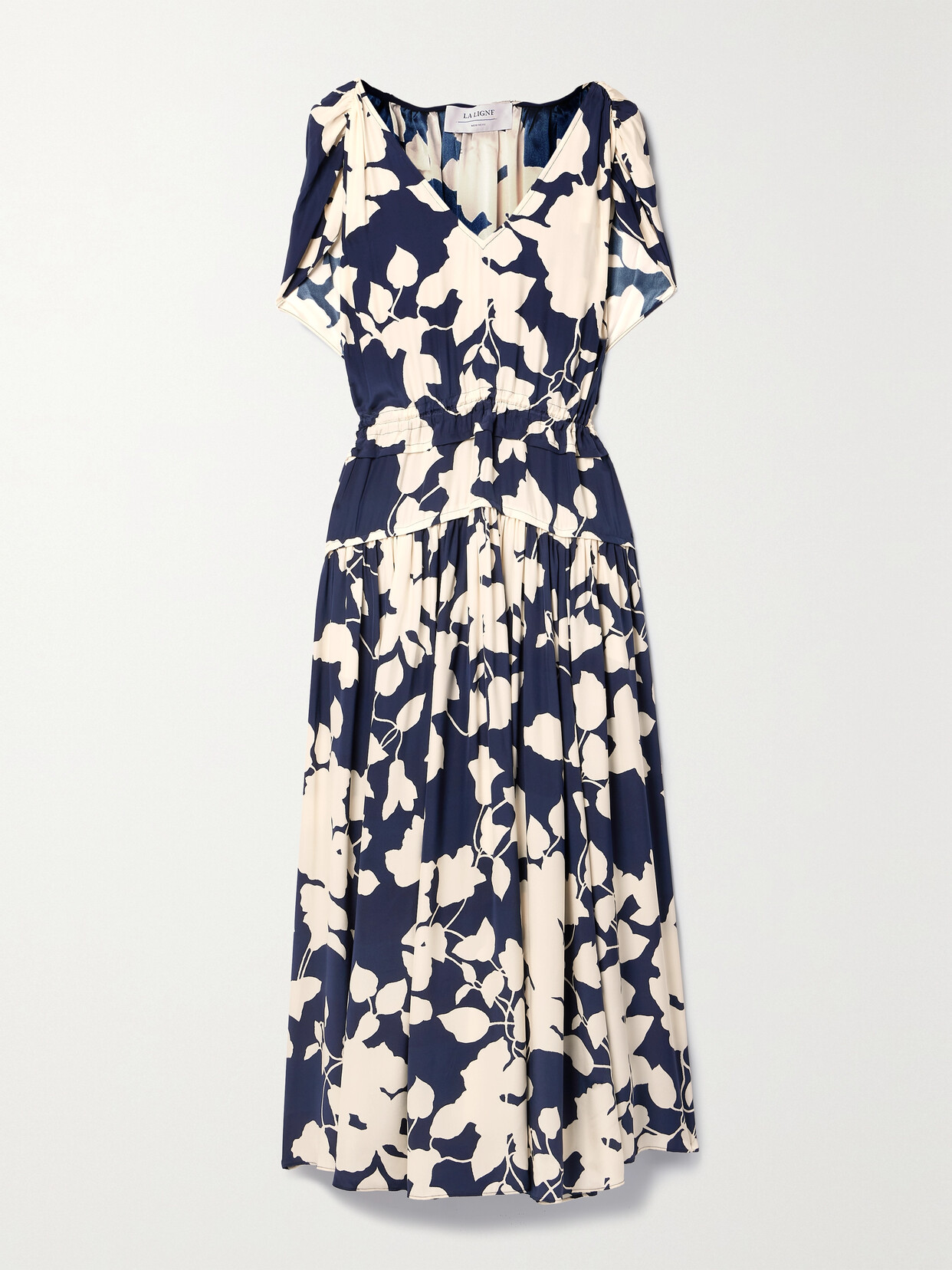 La Ligne Cape-effect Ruffled Floral-print Silk-crepe Midi Dress In Navy
