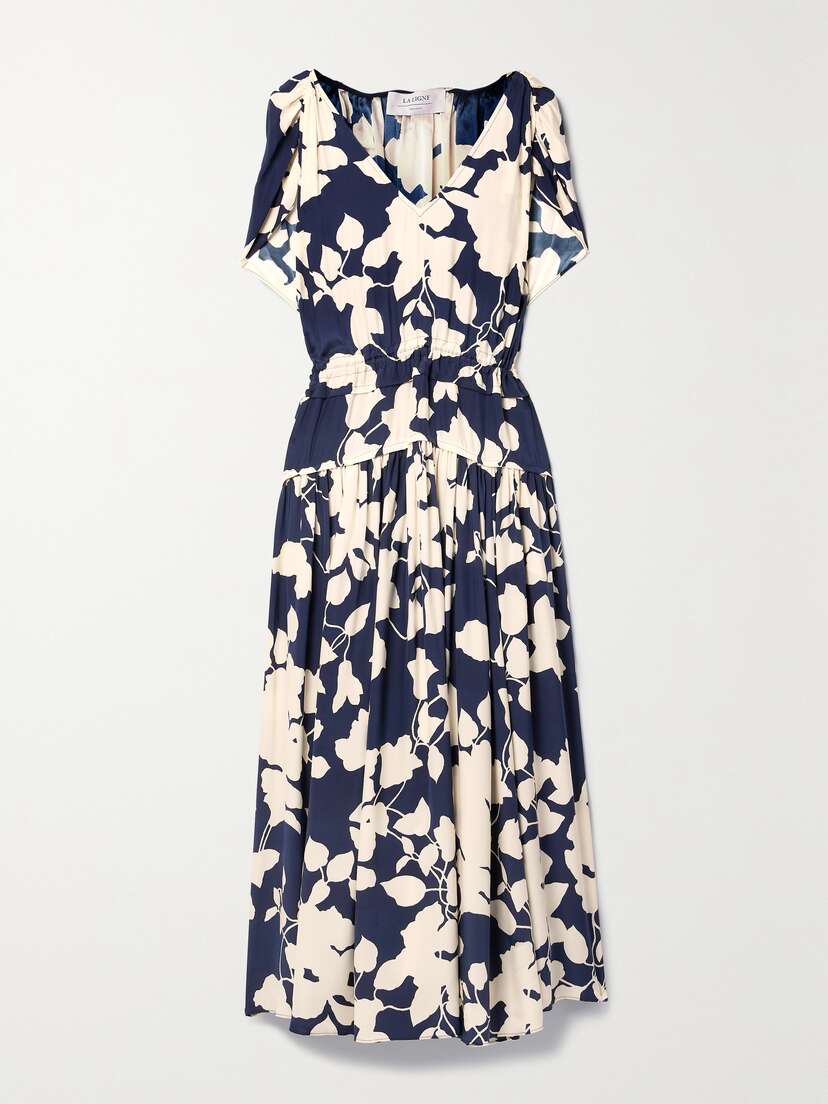 La Ligne Cape-effect Ruffled Floral-print Silk-crepe Midi Dress