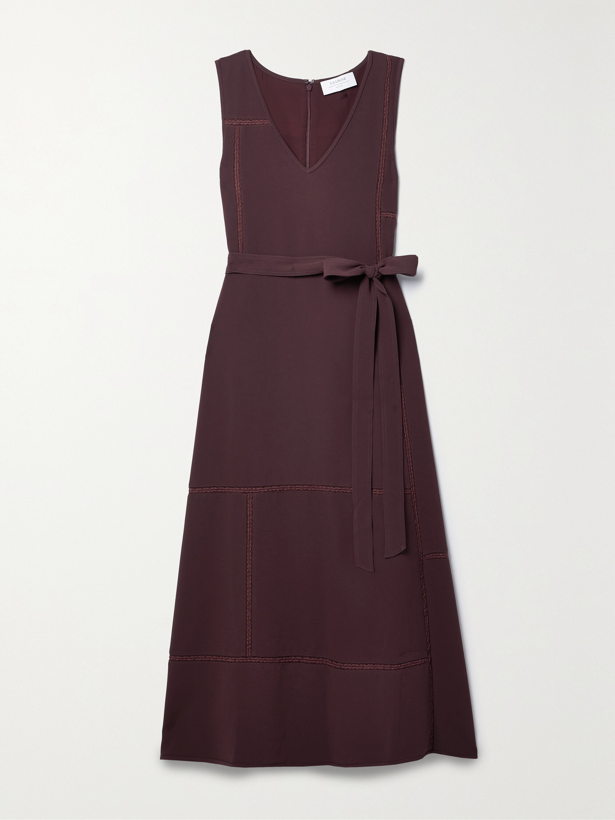 La Ligne Belted lace-trimmed crepe midi dress thumbnail