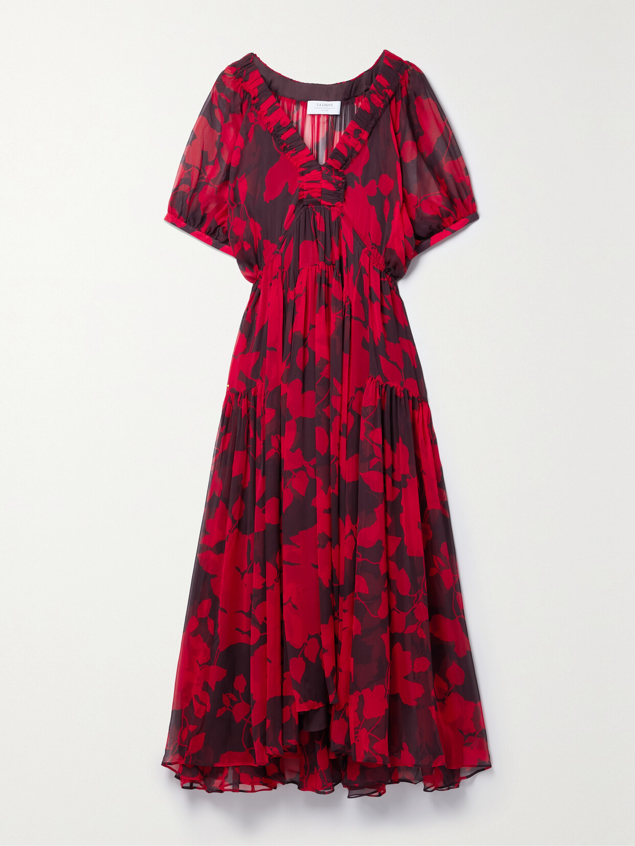 La Ligne Constance Tiered Floral-print Silk-chiffon Maxi Dress In Red