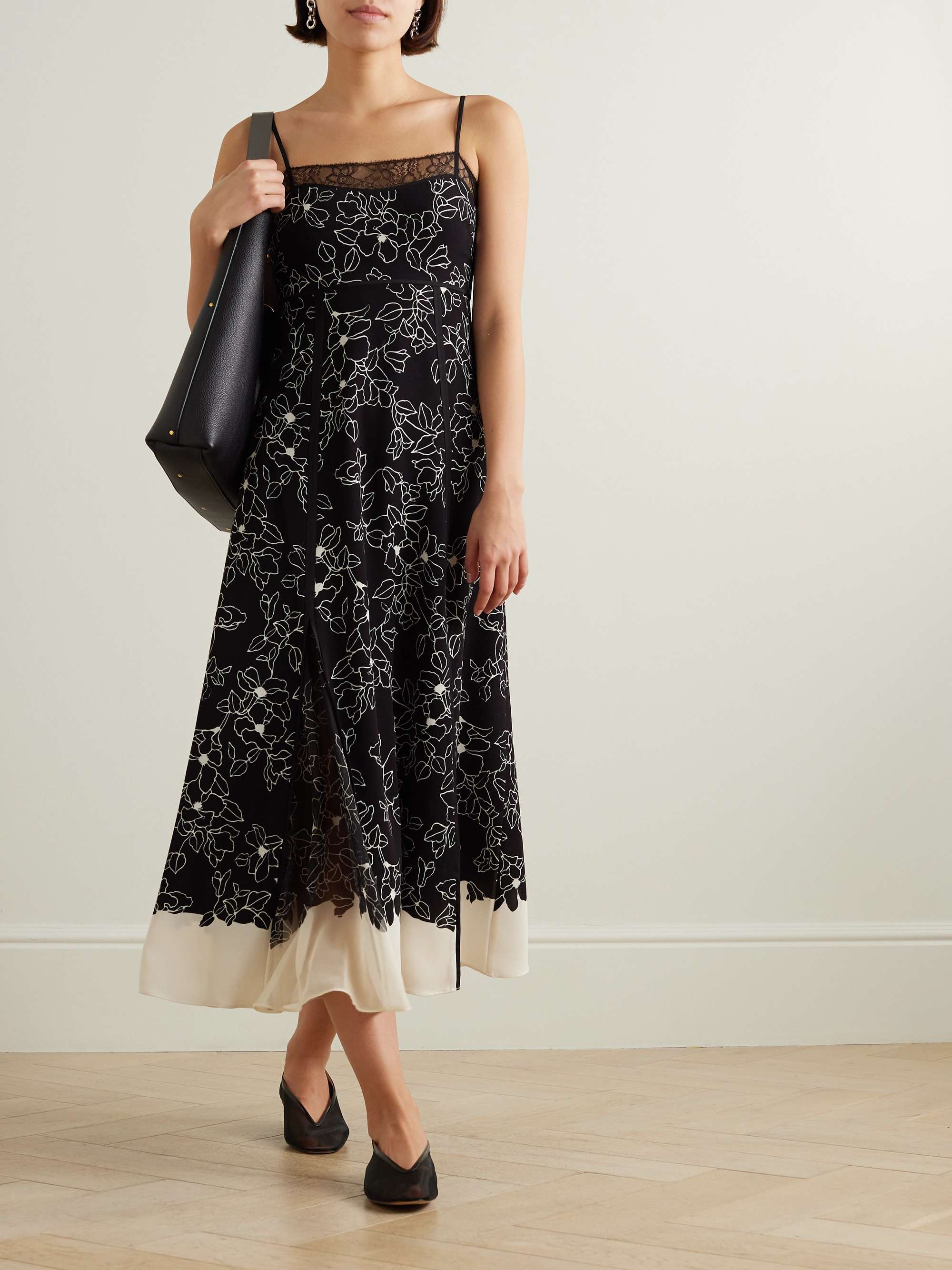 LA LIGNE Lace-trimmed floral-print crepe and georgette midi dress 