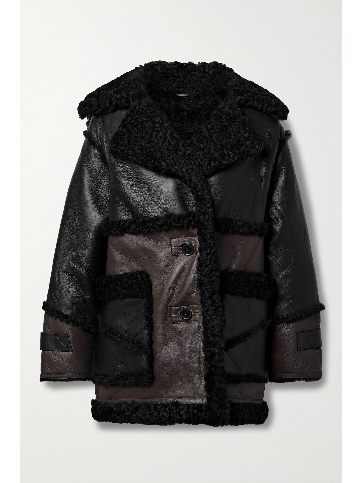 Shoreditch Ski Club Reva Leather-trimmed Paneled Shearling Jacket In Black And Chocolate Brown