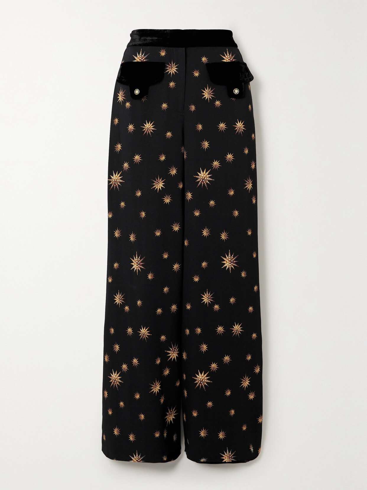 Camilla Velvet-trimmed Printed Woven Flared Pants - Black