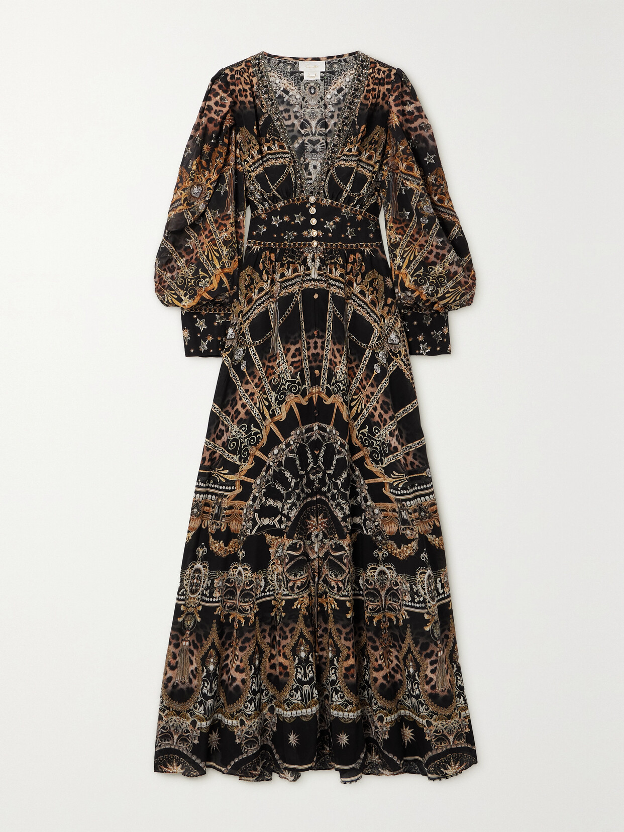 Camilla Crystal-embellished Printed Fil Coupé Silk-charmeuse Maxi Dress In Black