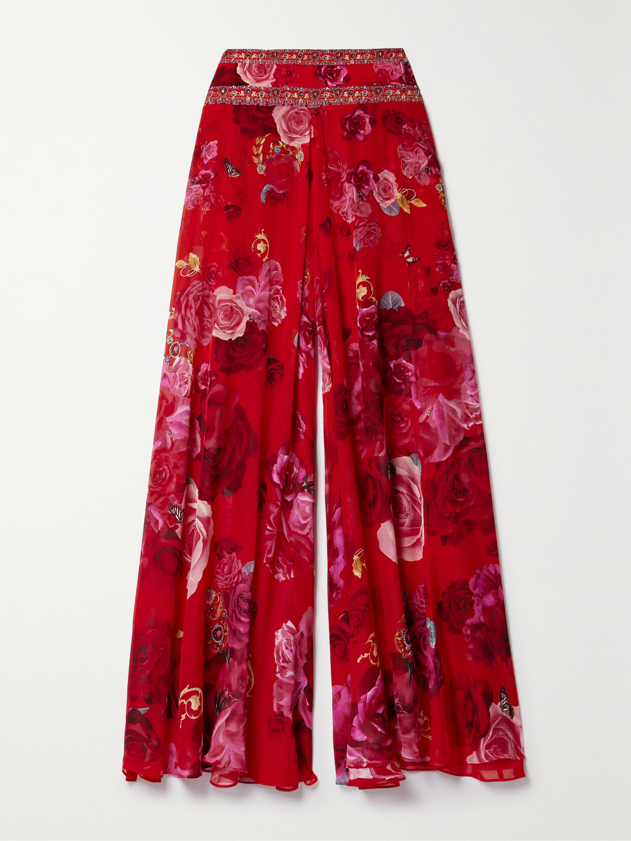 Camilla - Crystal-embellished Printed Silk-crepe Wide-leg Pants - Red