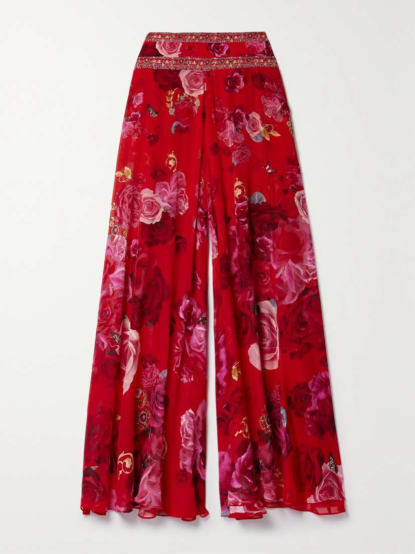 Camilla Crystal-embellished Printed Silk-crepe Wide-leg Pants