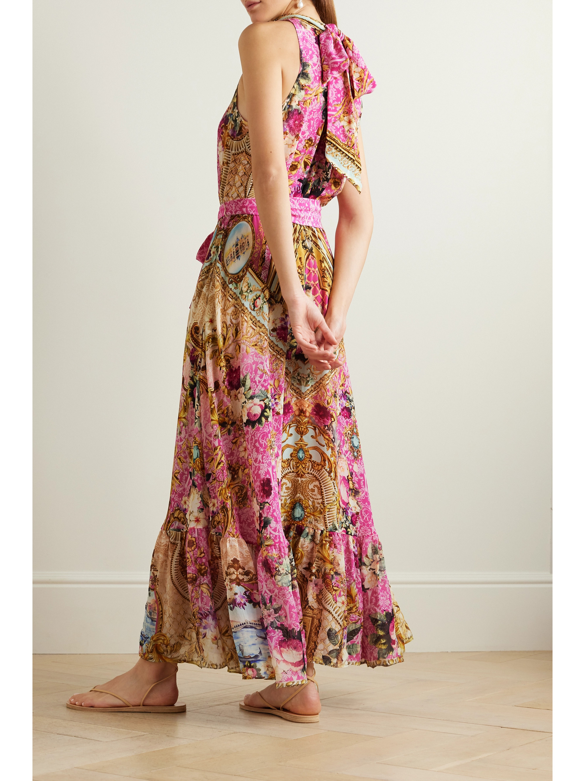 Camilla Tie-detailed crystal-embellished printed silk-crepe maxi dress