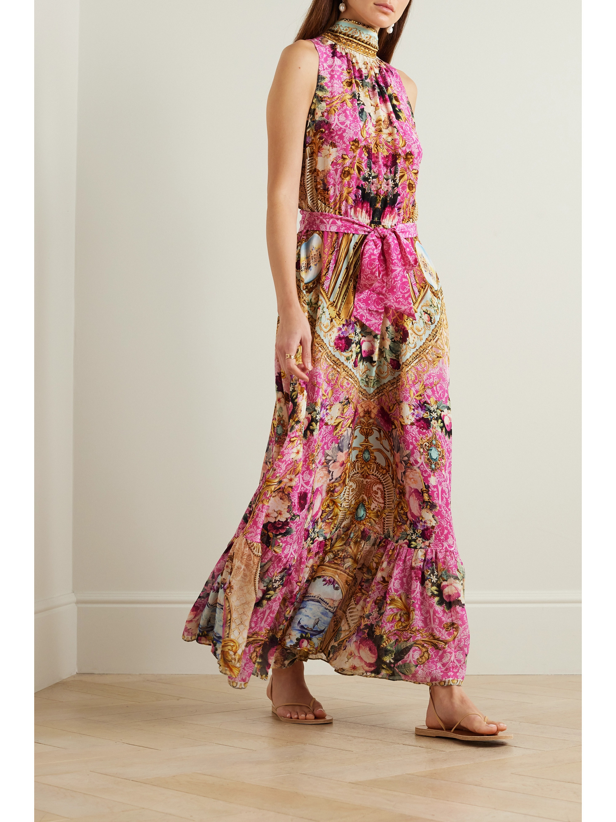Camilla Tie-detailed crystal-embellished printed silk-crepe maxi dress