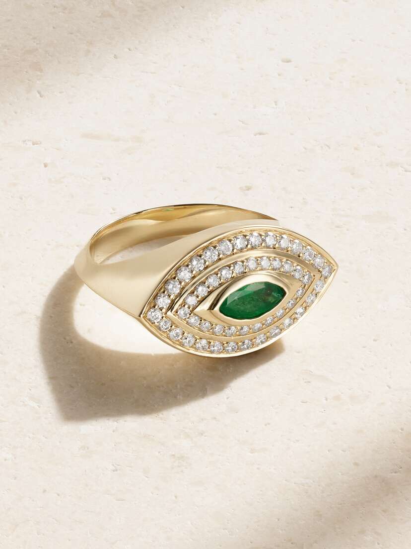 Jacquie Aiche Evil Eye 14-karat Gold, Diamond And Emerald Signet Ring