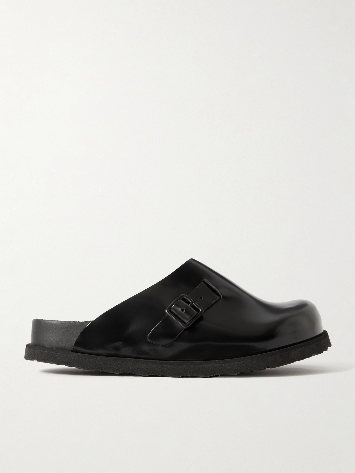 Shop Birkenstock Dougal Buckled Glossed-leather Clogs In Black