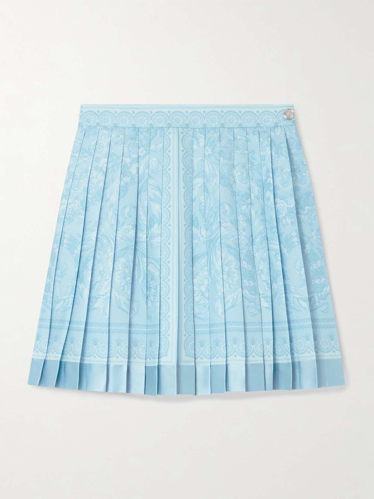 Shop Versace Pleated Satin-trimmed Floral-print Crepe De Chine Mini Skirt In Blue