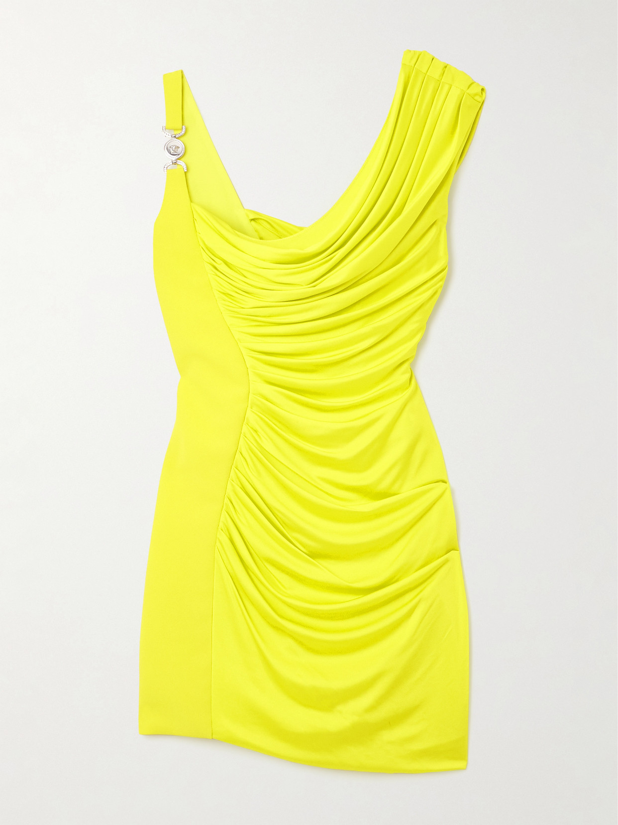 Versace Asymmetric Embellished Draped Jersey Mini Dress In Yellow