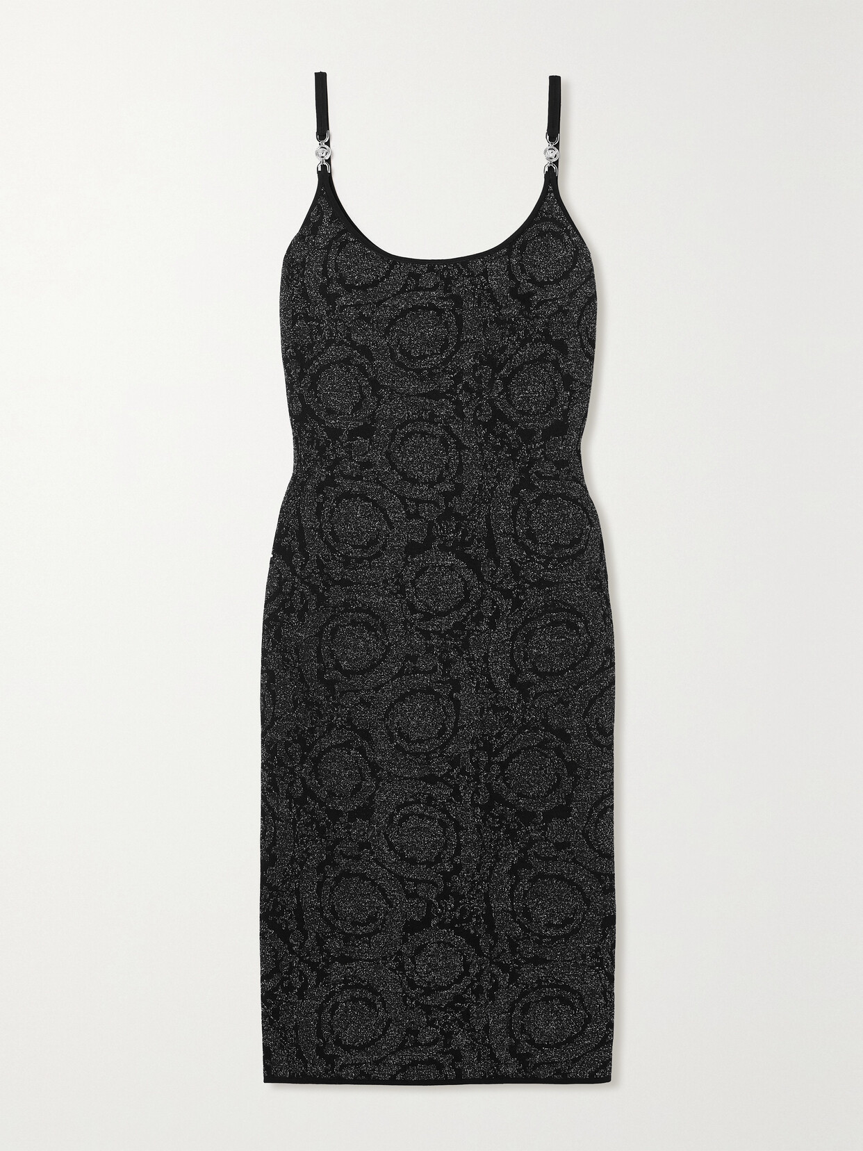 Shop Versace Embellished Metallic Jacquard-knit Dress In Black