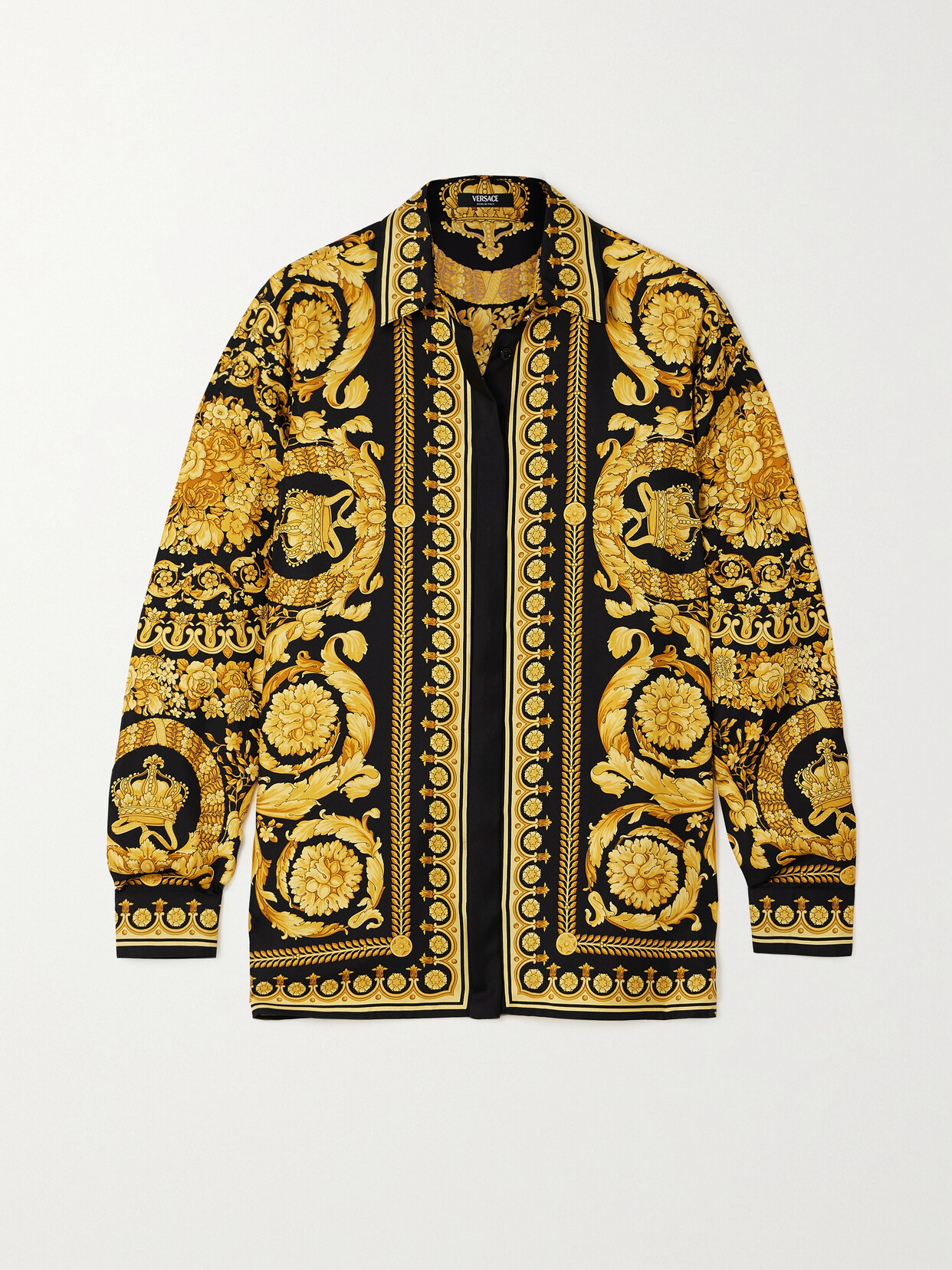 Shop Versace Printed Silk-twill Shirt In Gold