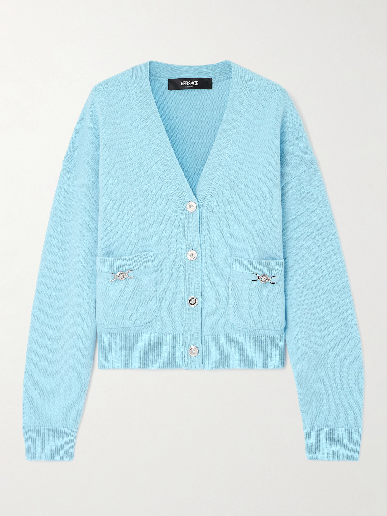 Versace Embellished Cashmere Cardigan In Blue