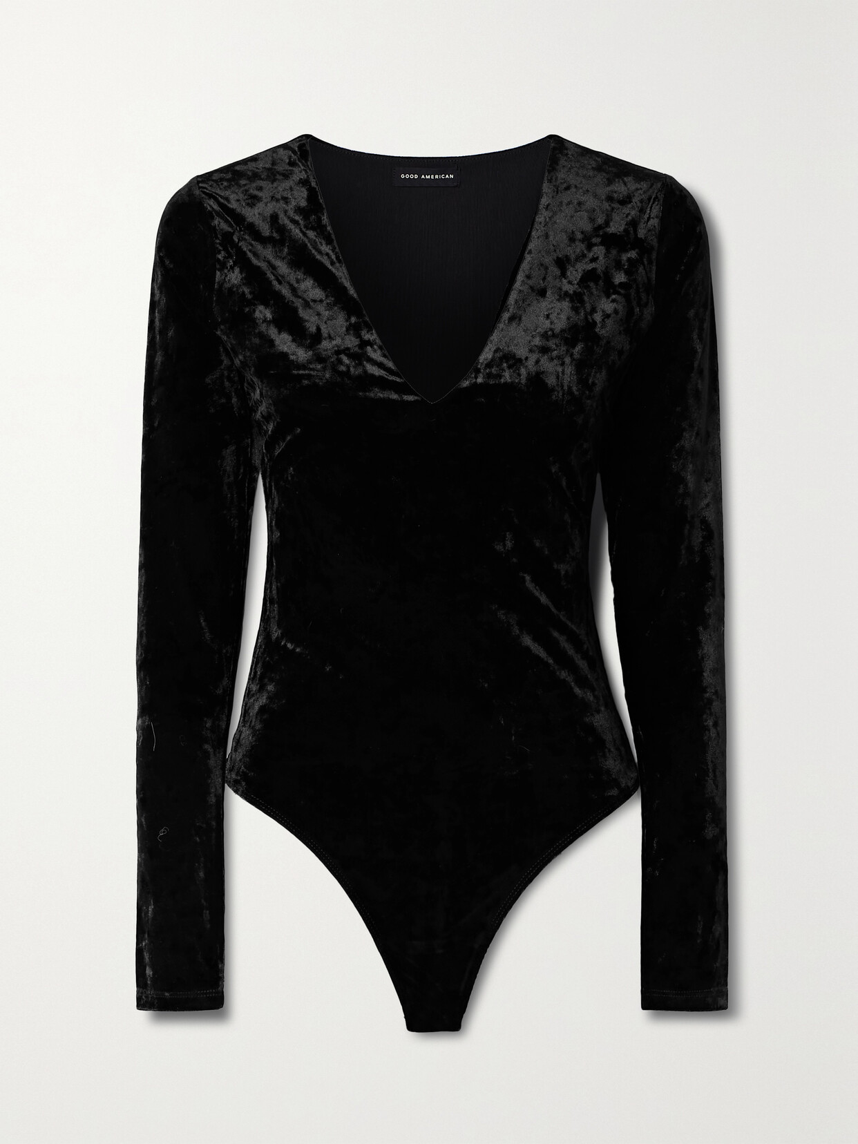 Good American Crushed-velvet Thong Bodysuit In Black