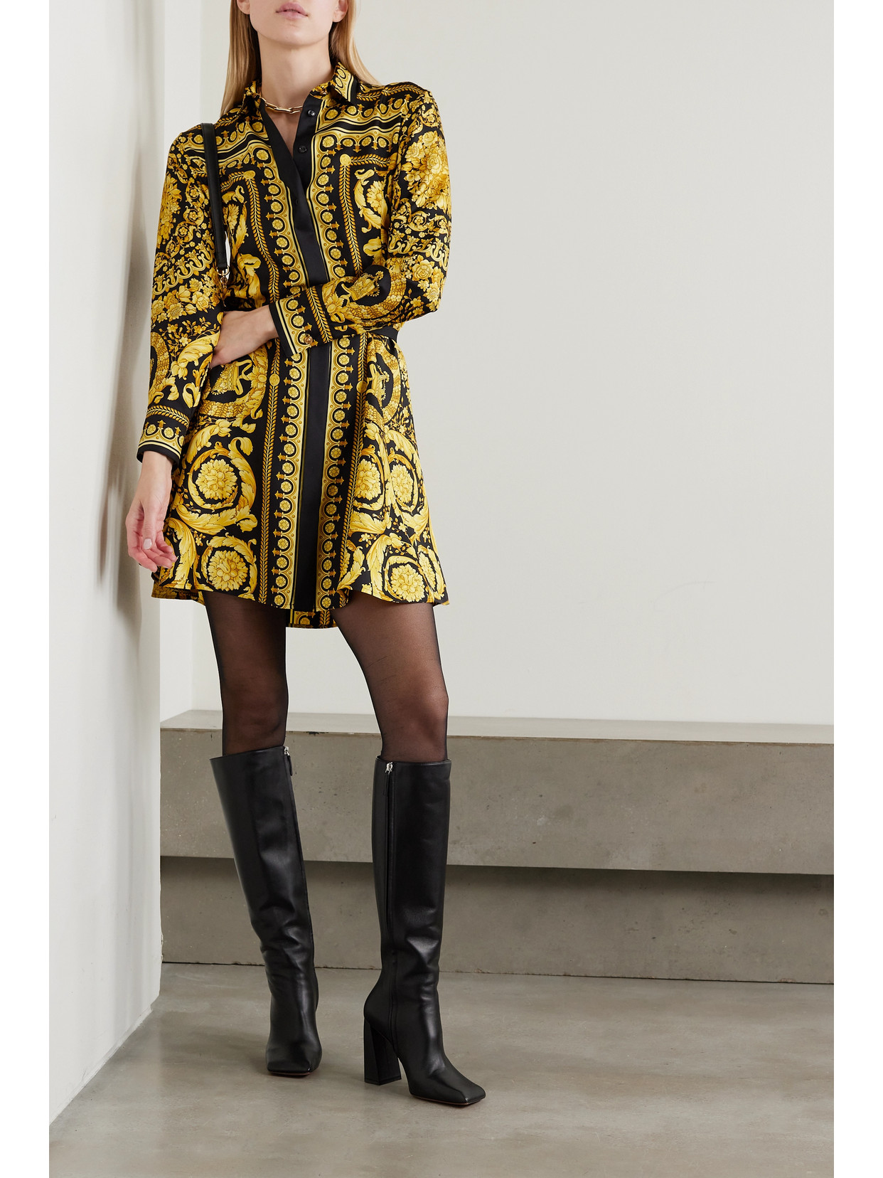 Shop Versace Printed Silk-twill Mini Shirt Dress In Gold