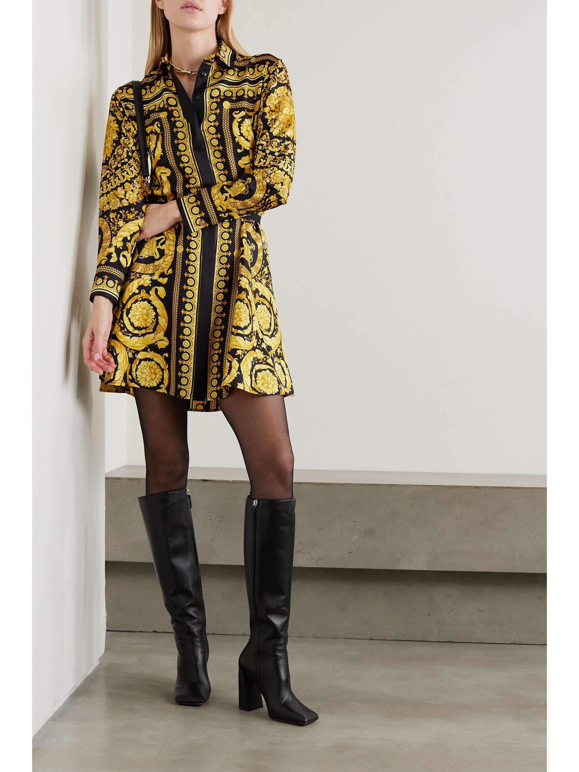 VERSACE Printed silk-twill mini shirt dress