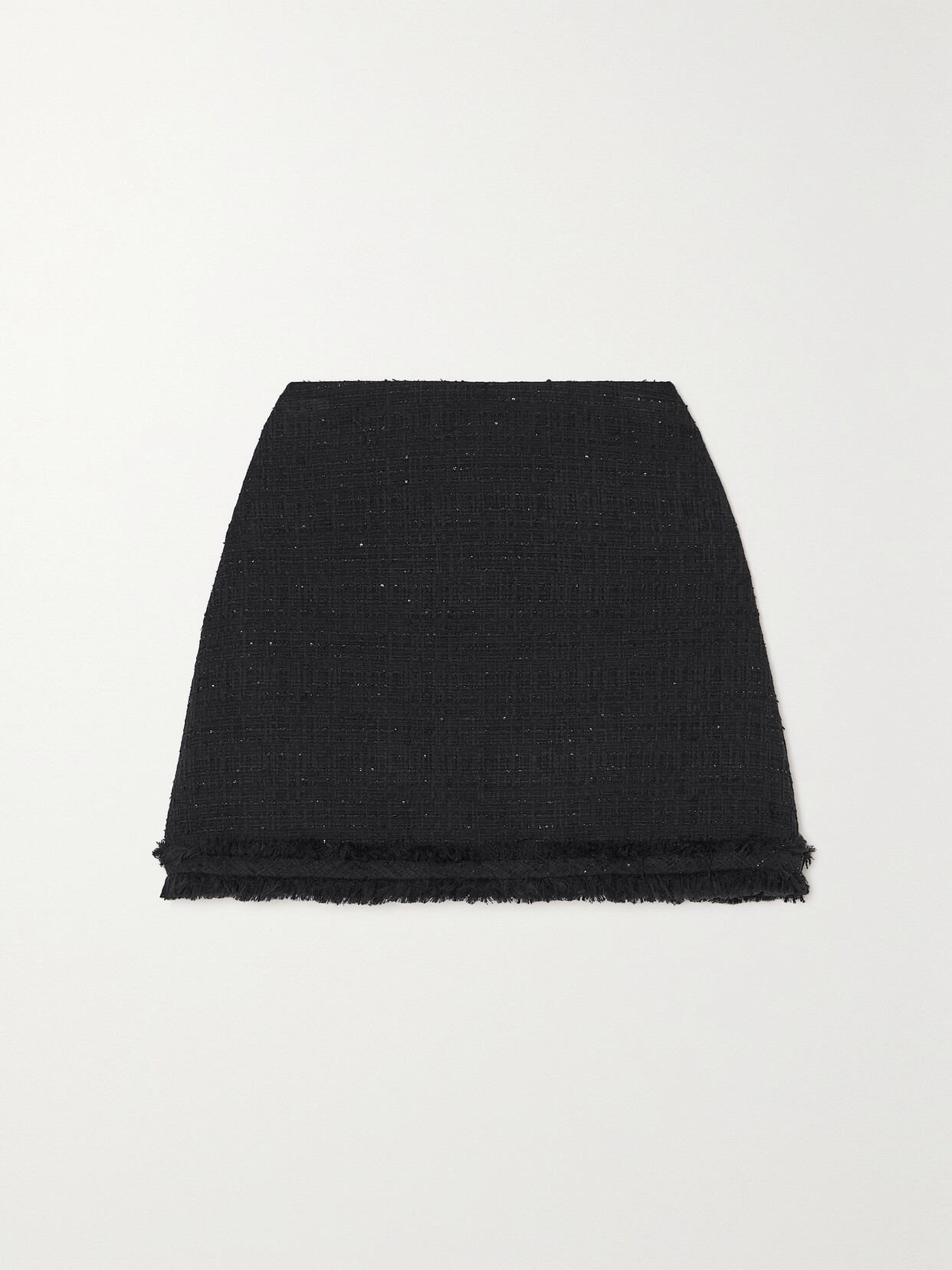 Shop Versace Frayed Sequin-embellished Cotton-blend Tweed Mini Skirt In Black