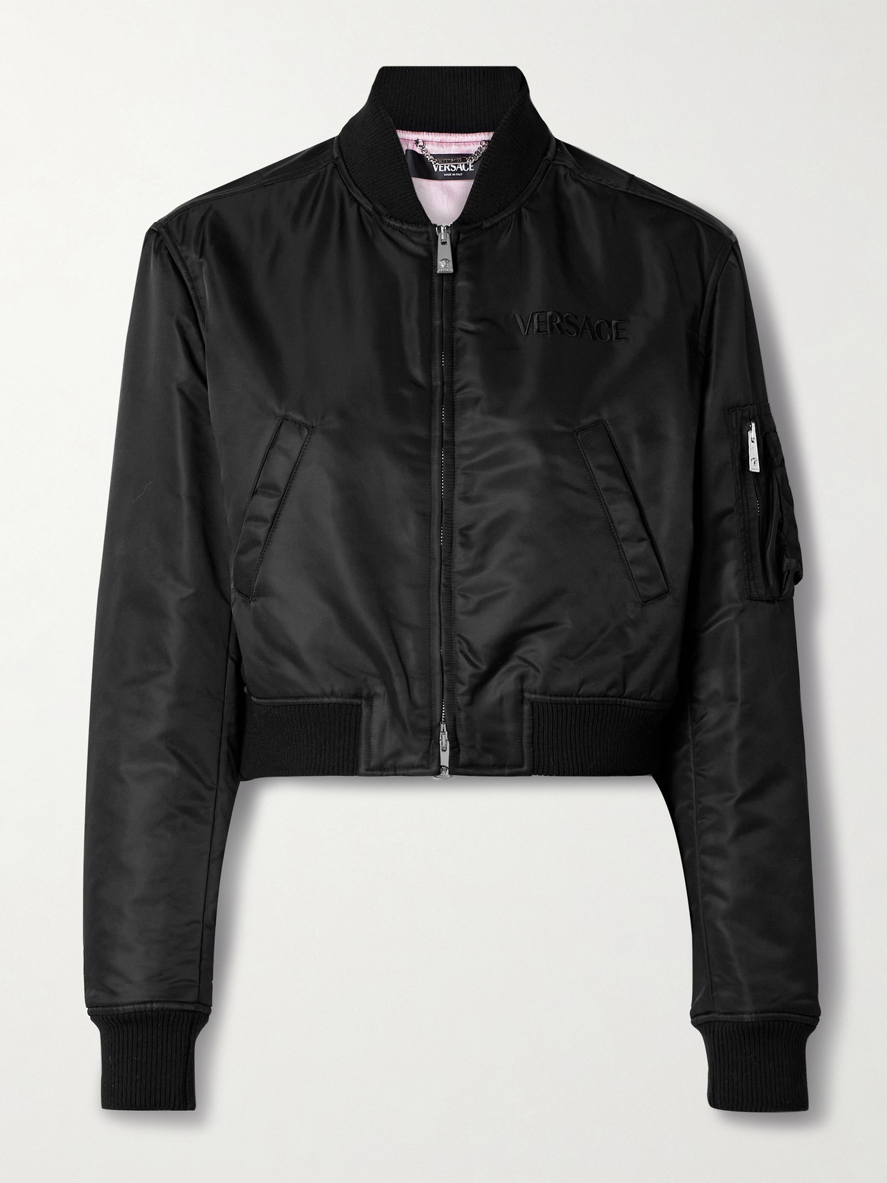 Shop Versace Cropped Shell Bomber Jacket In Black