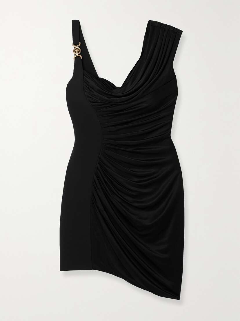 Versace Asymmetric Embellished Draped Jersey Mini Dress