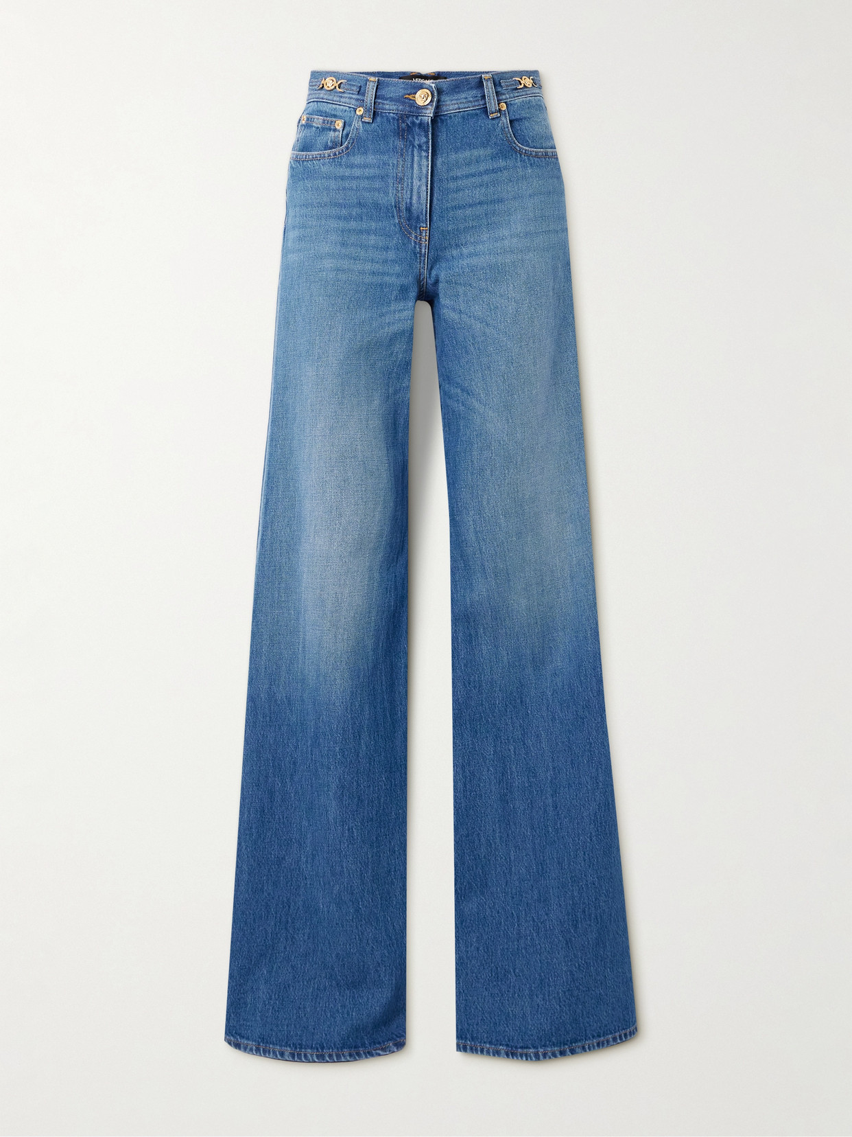 Shop Versace Embellished High-rise Wide-leg Jeans In Blue