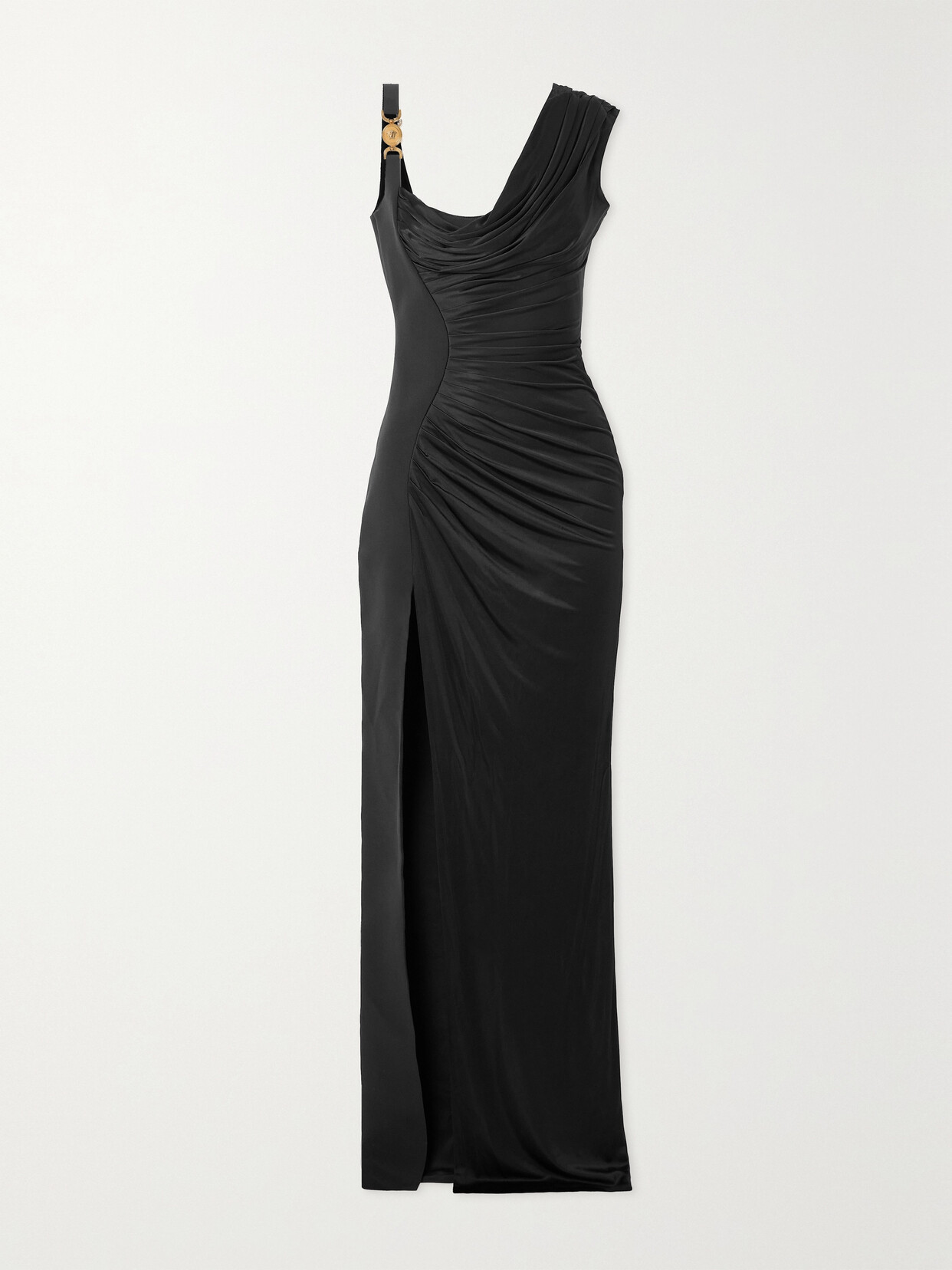 Shop Versace Asymmetric Embellished Draped Jersey And Crepe Gown In Black