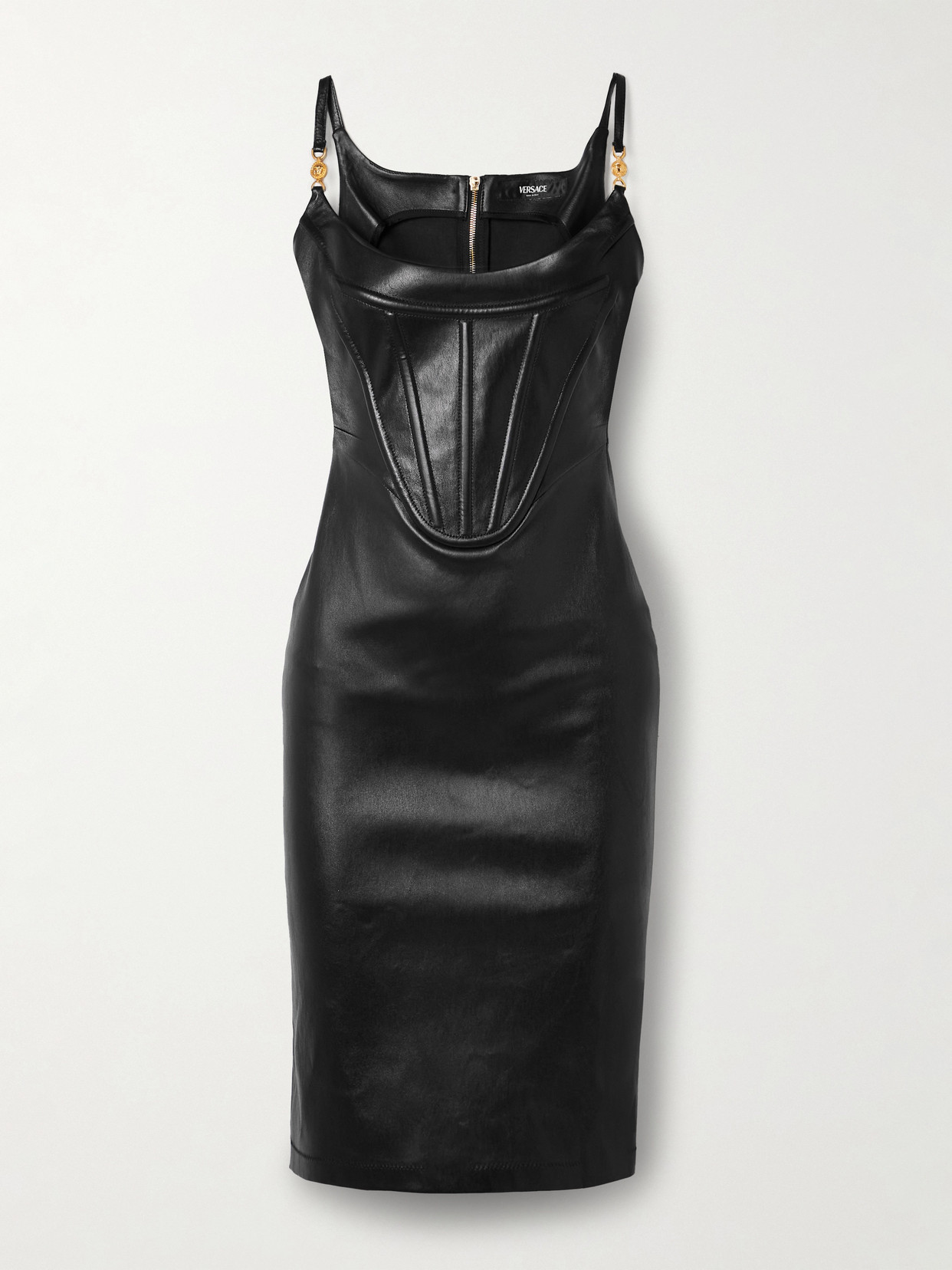 Shop Versace Embellished Leather Bustier Dress In Black