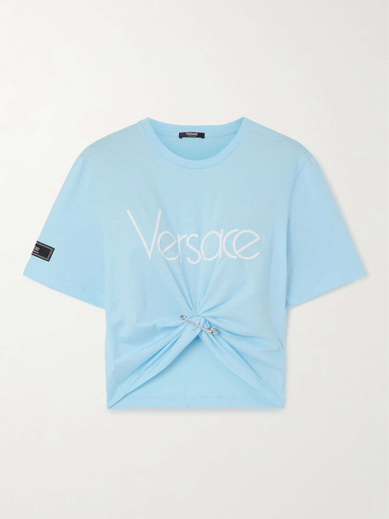 Shop Versace Cropped Embellished Knotted Cotton-jersey T-shirt In Blue