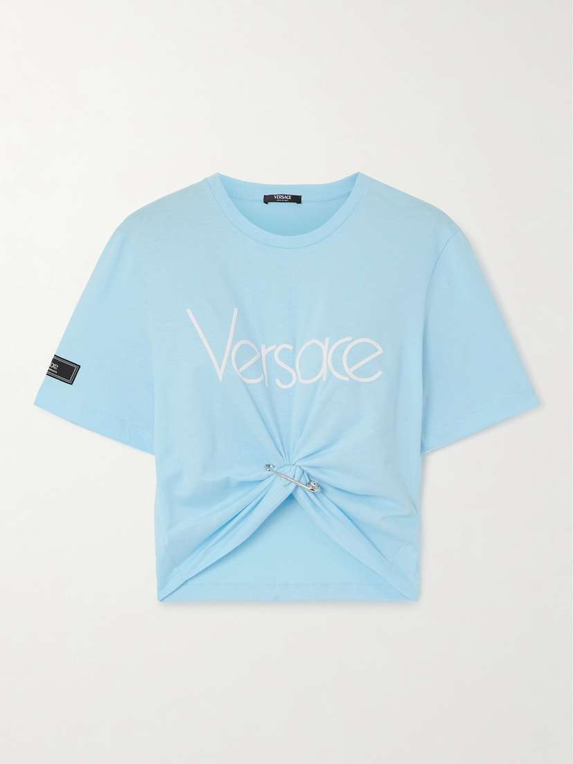 Versace Cropped Embellished Knotted Cotton-jersey T-shirt