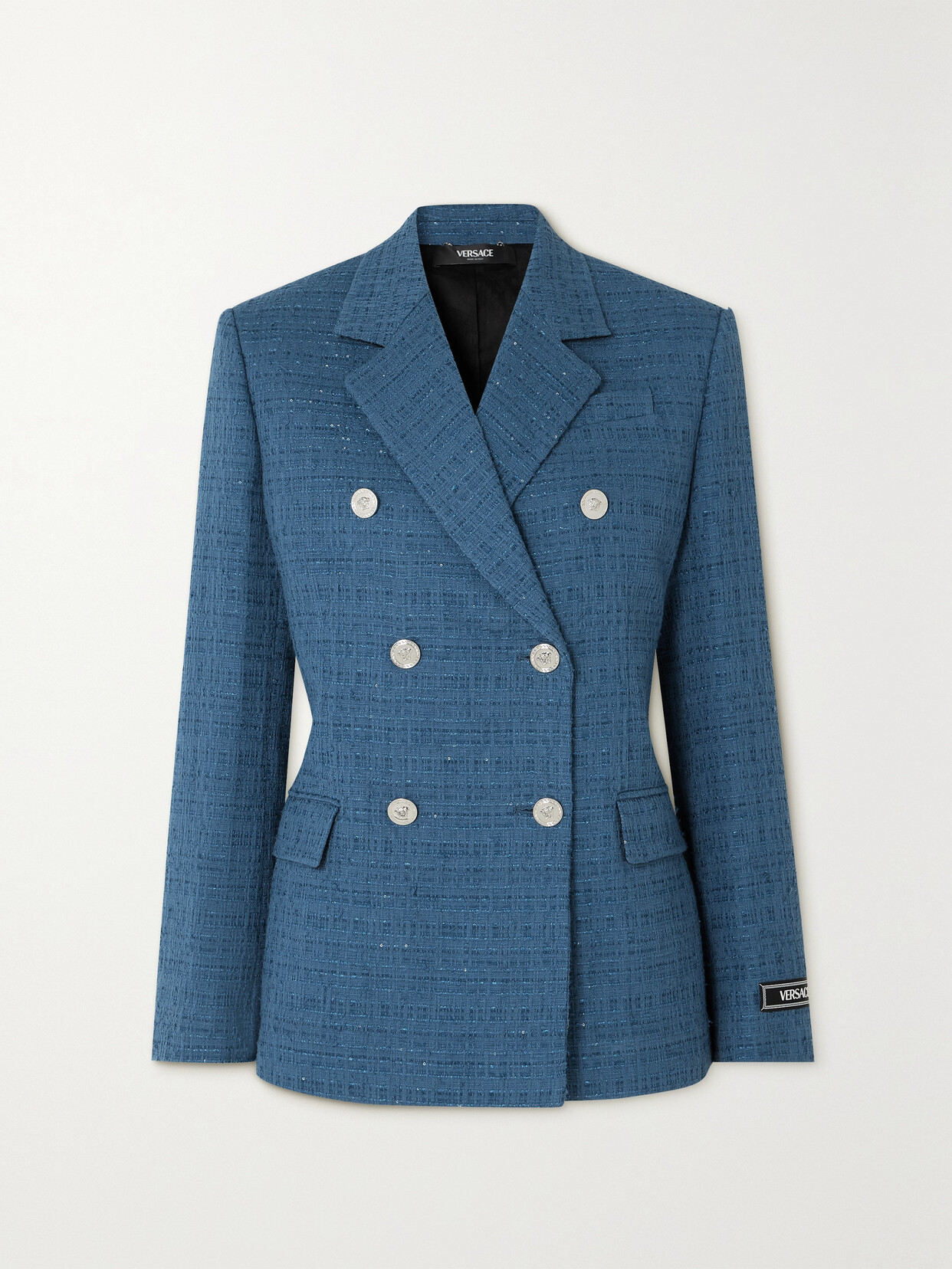 Versace Double-breasted Metallic Cotton-blend Tweed Blazer In Blue