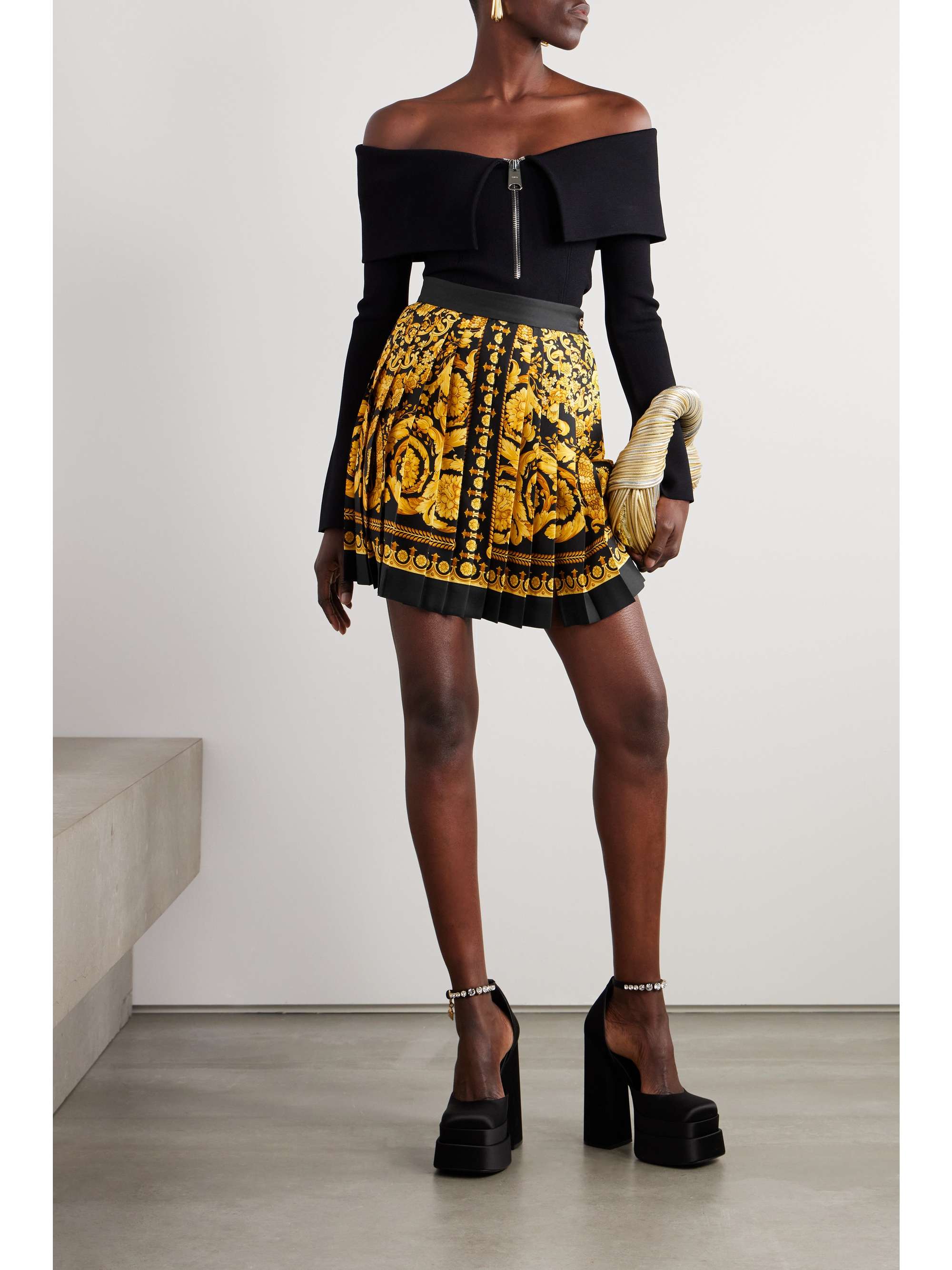 VERSACE Pleated printed silk-twill mini skirt