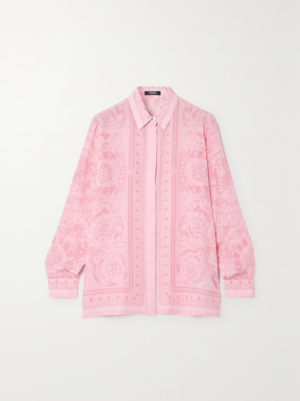 Shop Versace Printed Silk Crepe De Chine Shirt In Pink