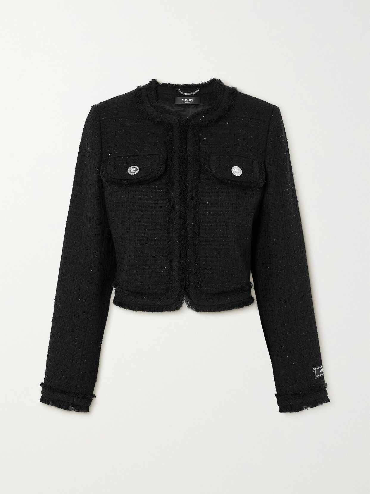 Versace Cropped Sequined Frayed Tweed Jacket In Black