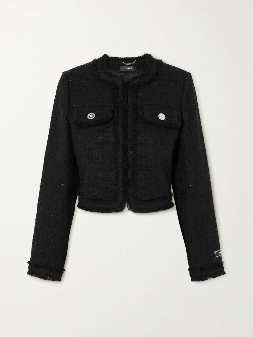Versace Cropped Sequined Frayed Tweed Jacket