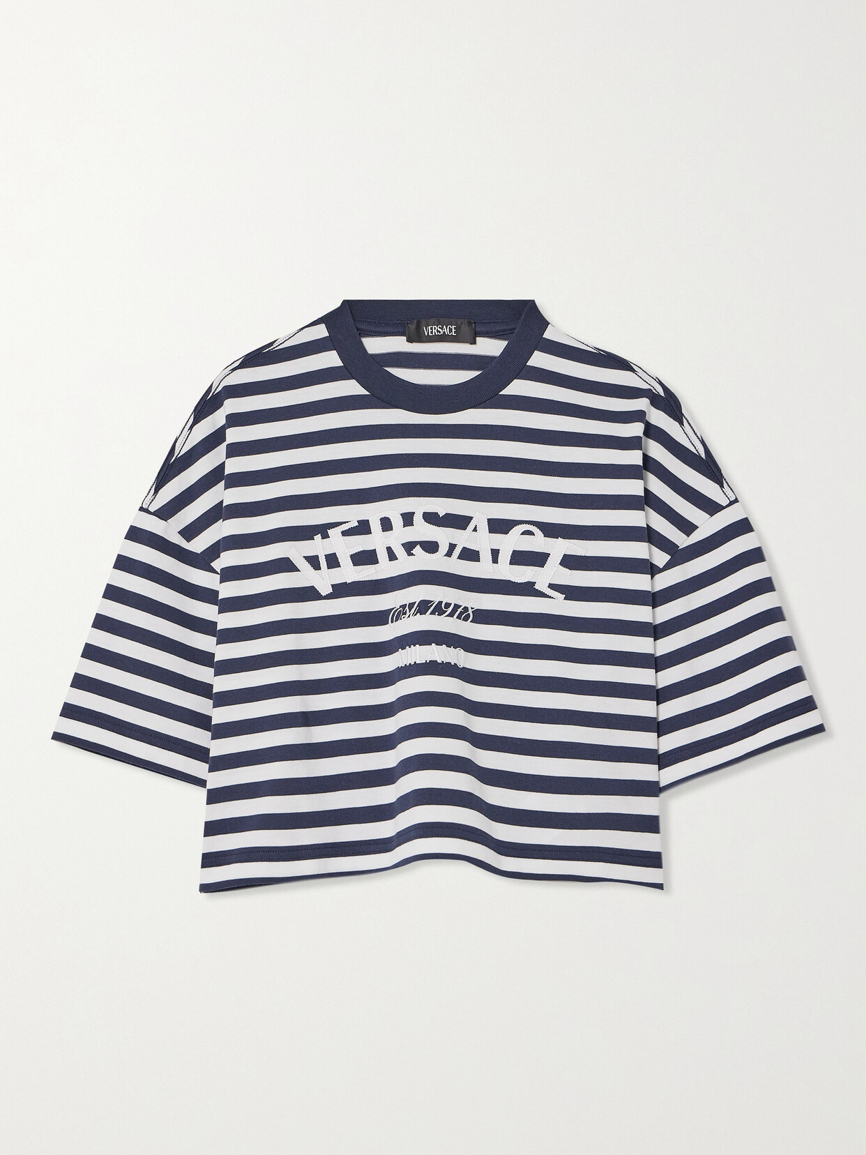 Shop Versace Cropped Embroidered Striped Cotton-jersey T-shirt In Blue