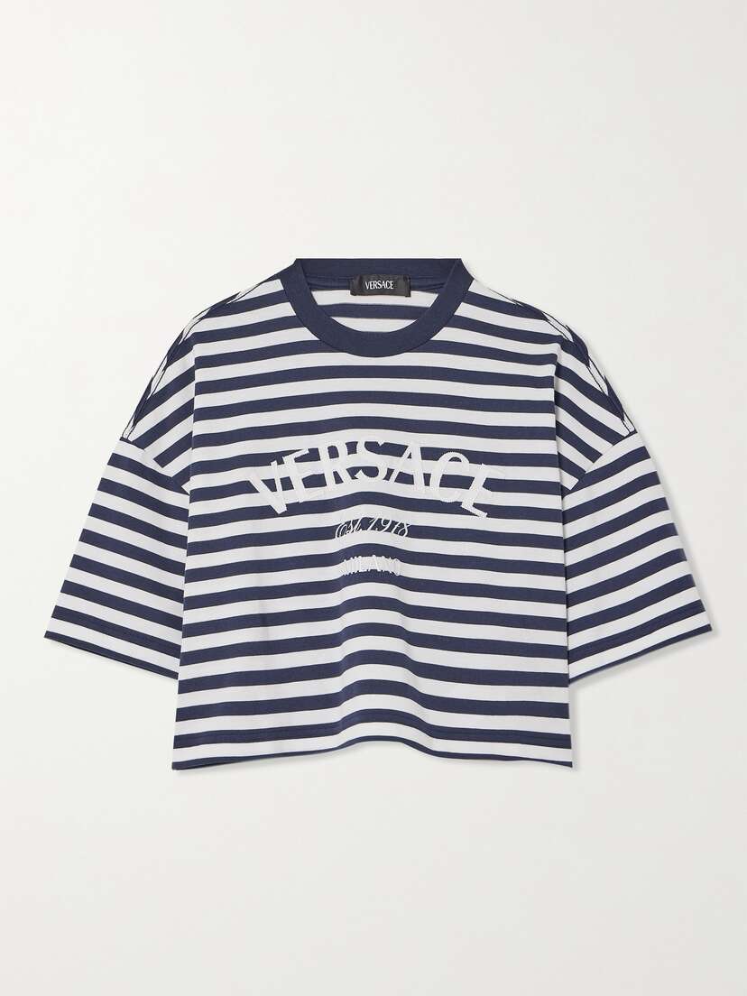 Versace Cropped Embroidered Striped Cotton-jersey T-shirt