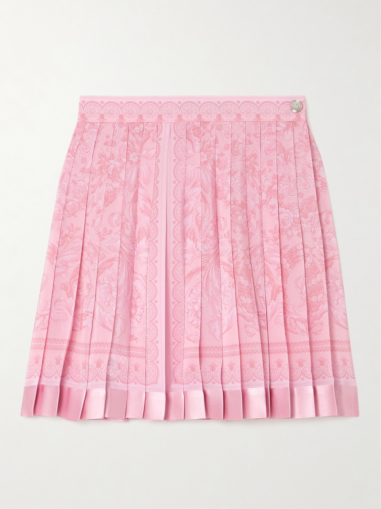 Versace - Pleated Satin-trimmed Floral-print Crepe De Chine Mini Skirt - Pink
