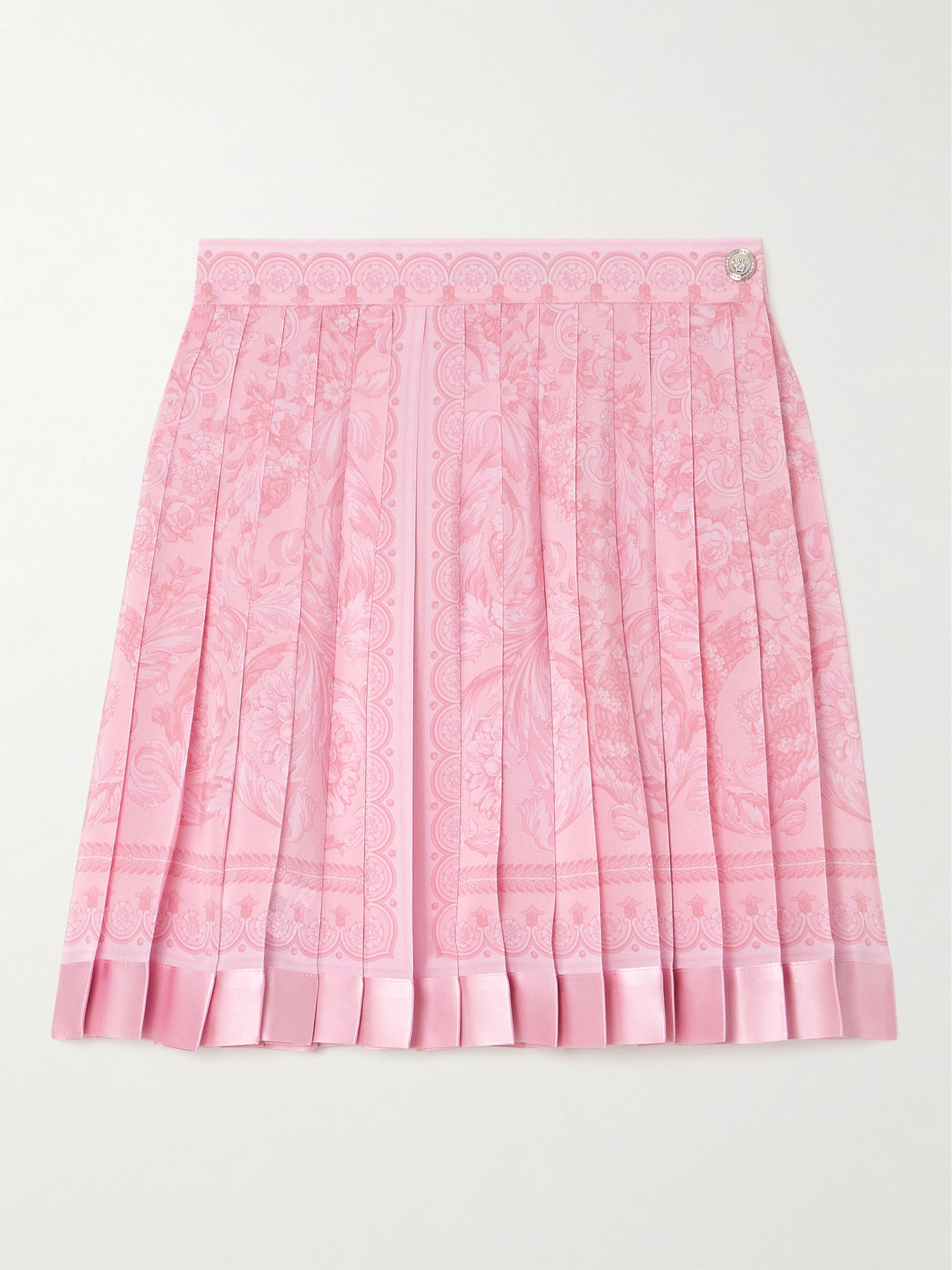 Shop Versace Pleated Satin-trimmed Floral-print Crepe De Chine Mini Skirt In Pink