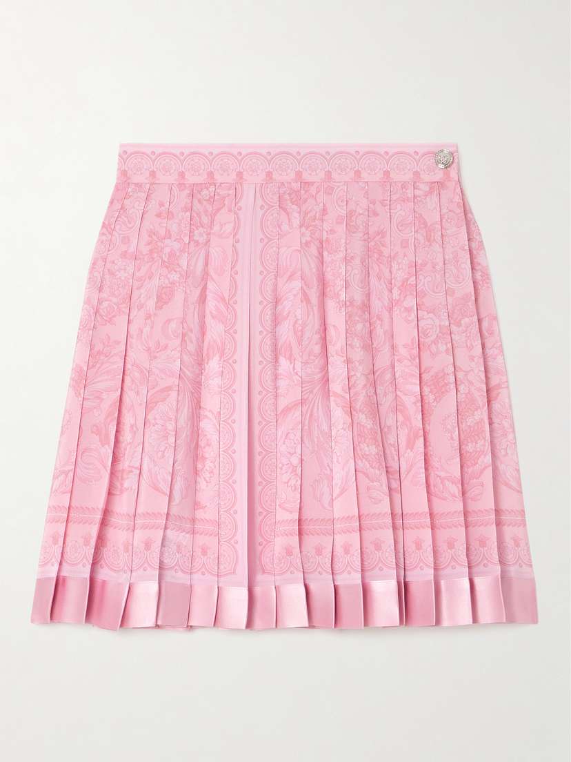 Versace Pleated Satin-trimmed Floral-print Crepe De Chine Mini Skirt
