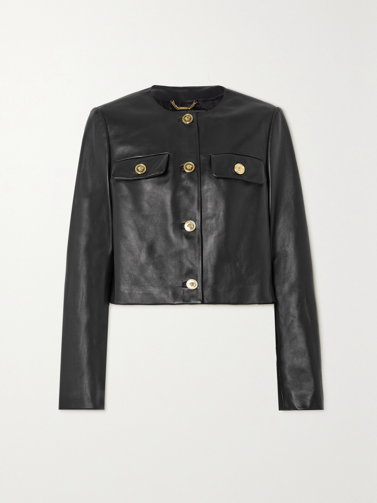 Shop Versace Cropped Leather Jacket In Black