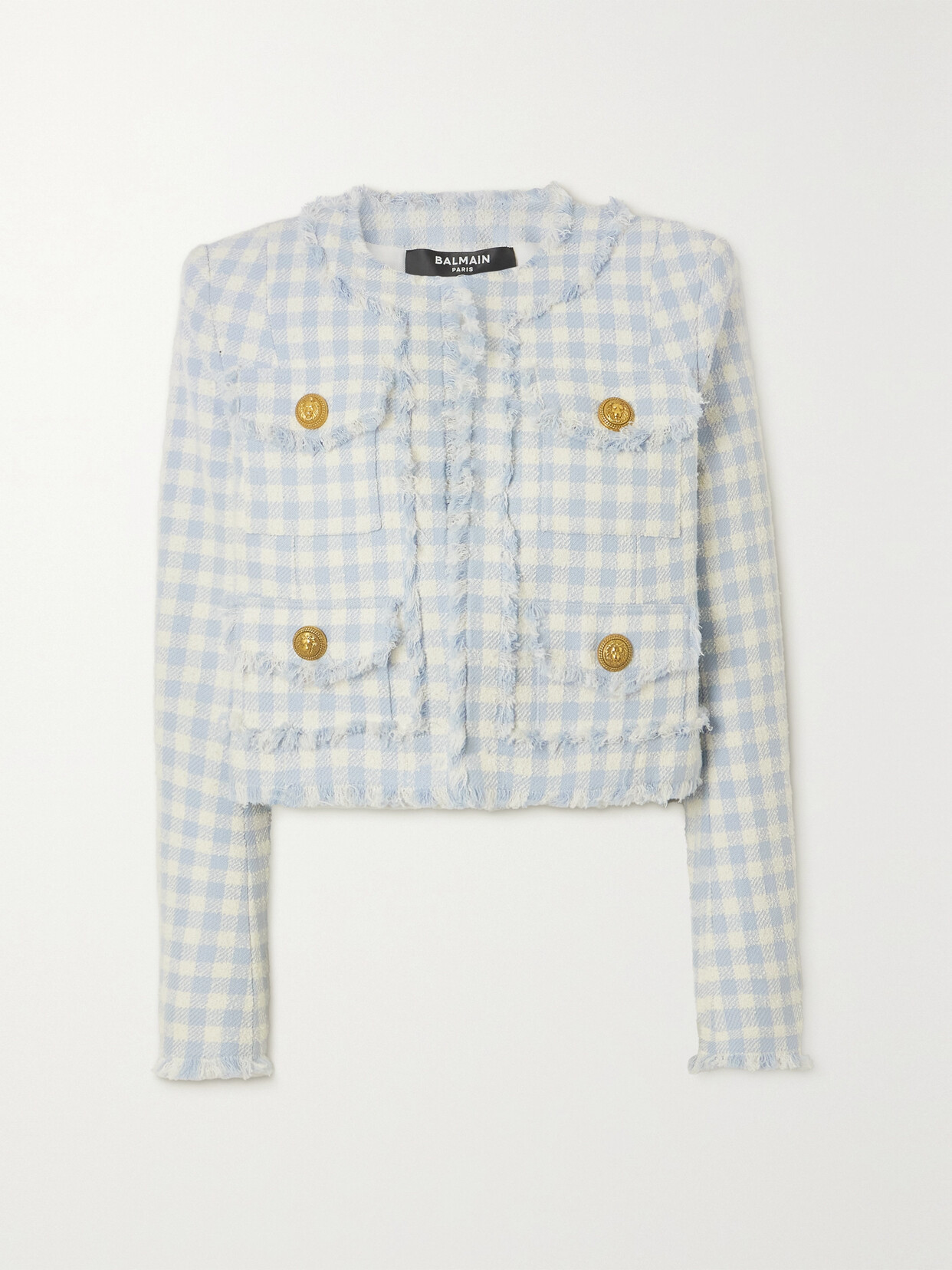 Balmain - Cropped Frayed Checked Cotton-blend Bouclé-tweed Jacket - Blue