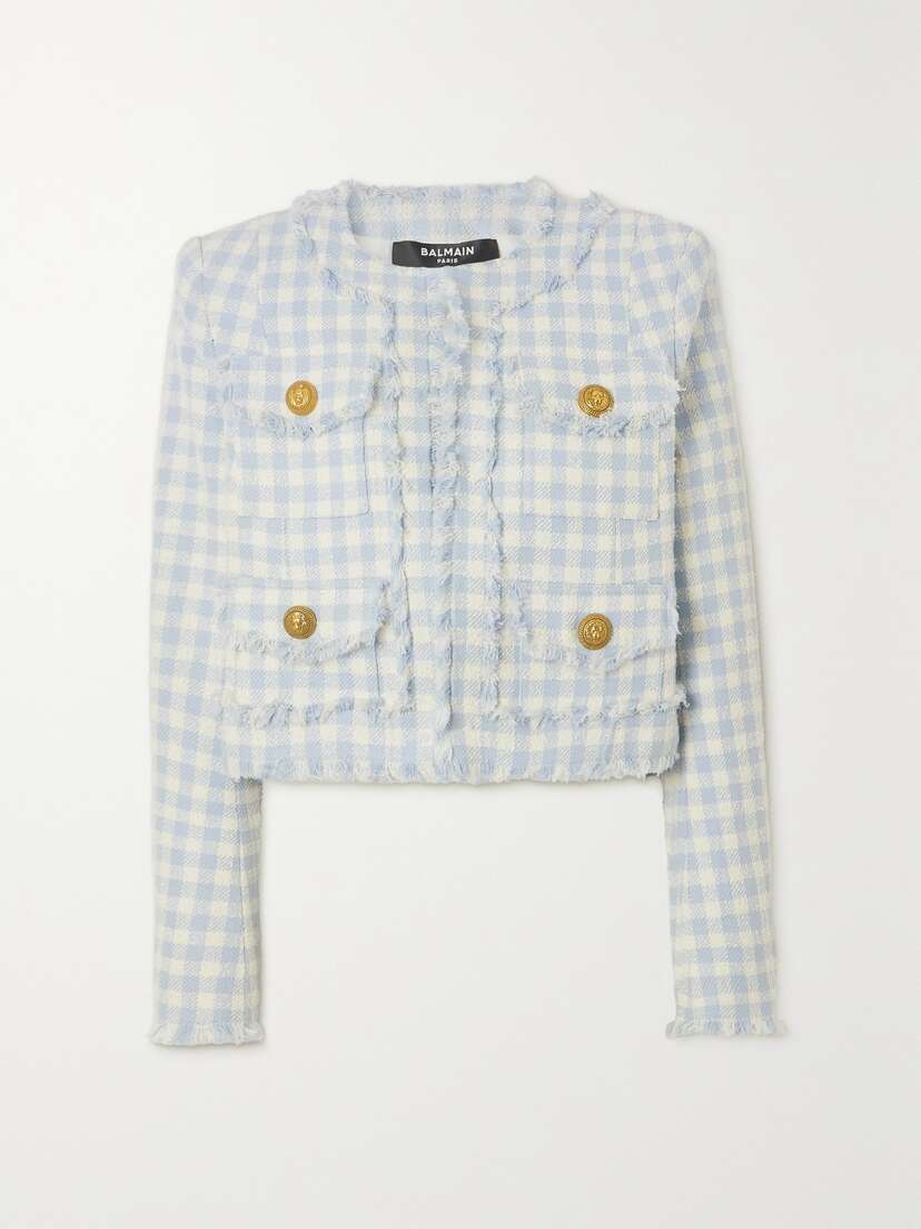 Balmain Cropped Frayed Checked Cotton-blend Bouclé-tweed Jacket