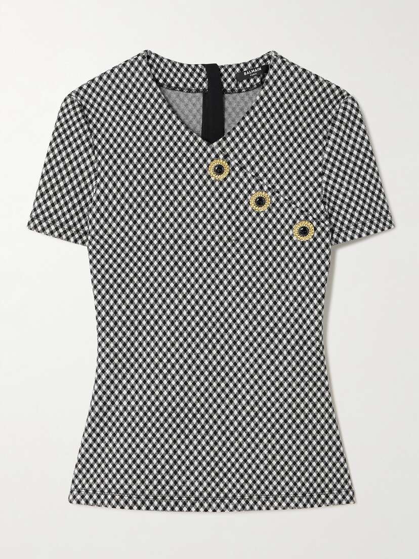 Balmain Button-embellished Checked Cotton-blend Top
