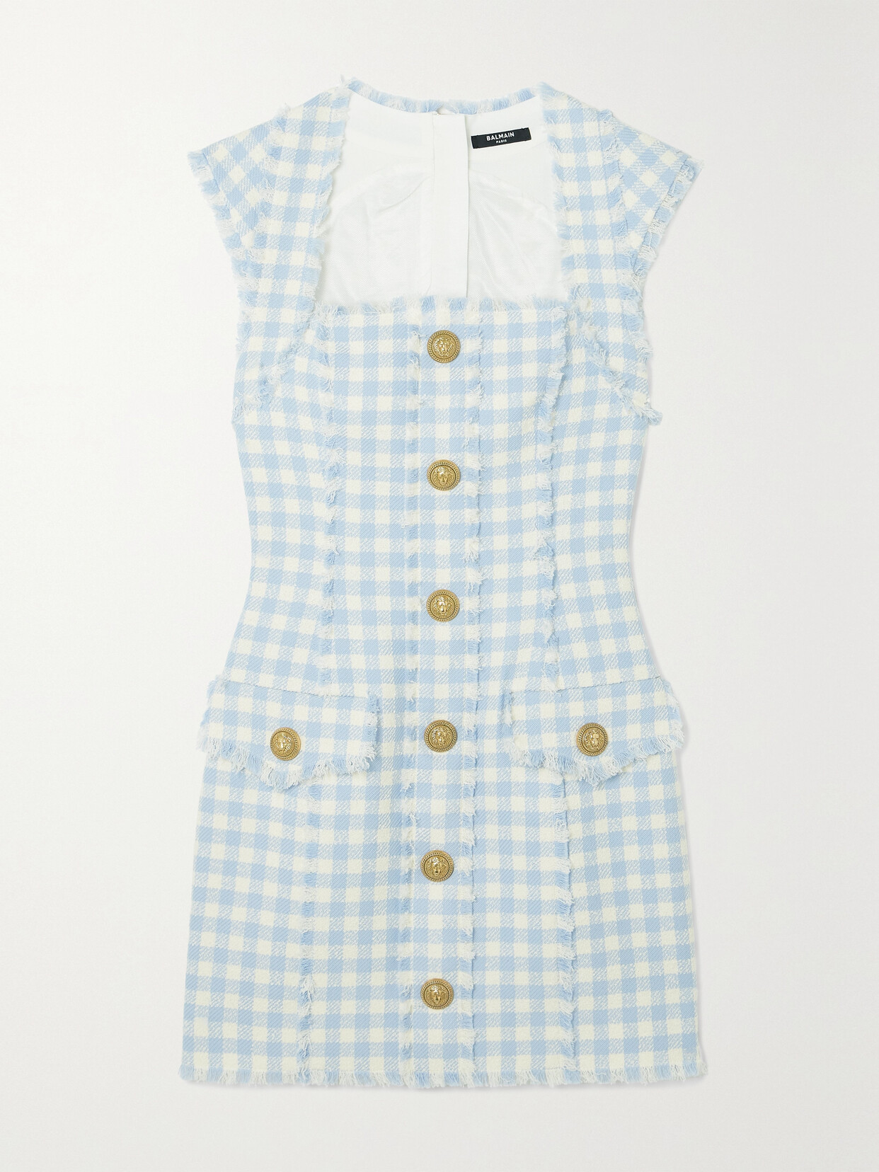 Shop Balmain Frayed Gingham Cotton-blend Tweed Mini Dress In Blue