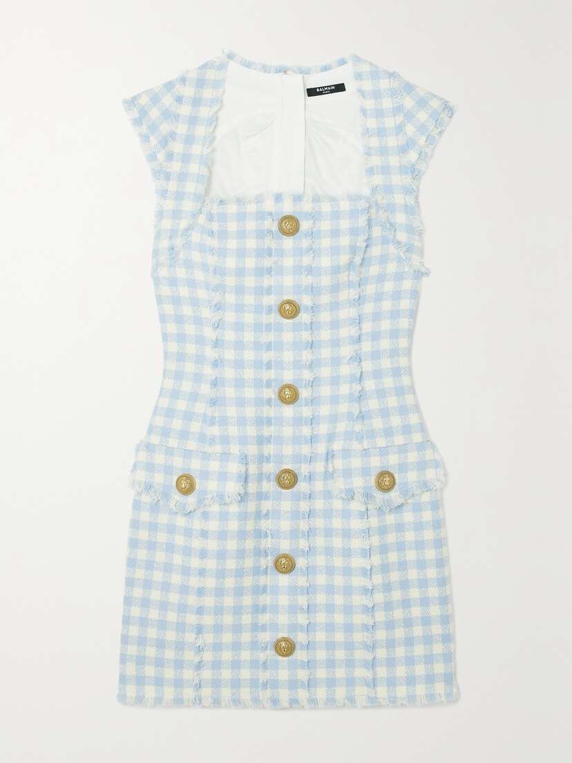 Balmain Frayed Gingham Cotton-blend Tweed Mini Dress
