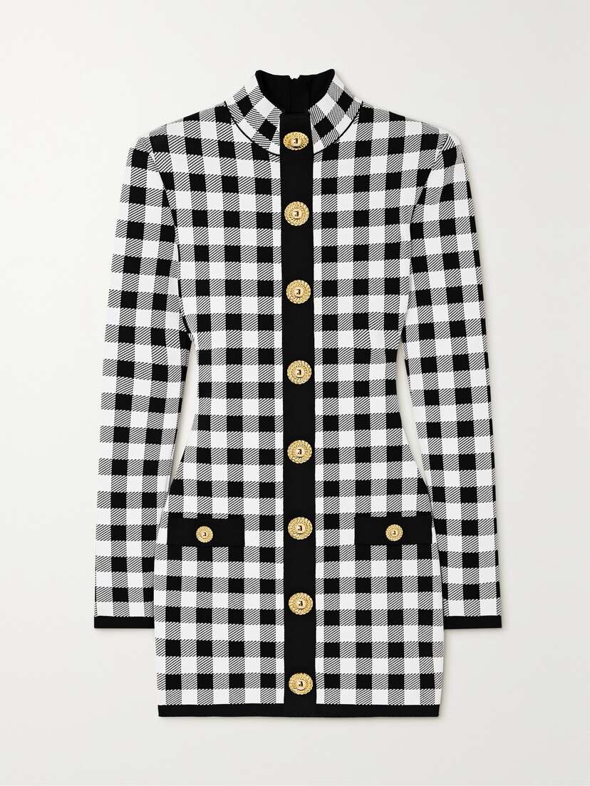 Balmain Button-embelllished Gingham Jacquard-knit Mini Dress