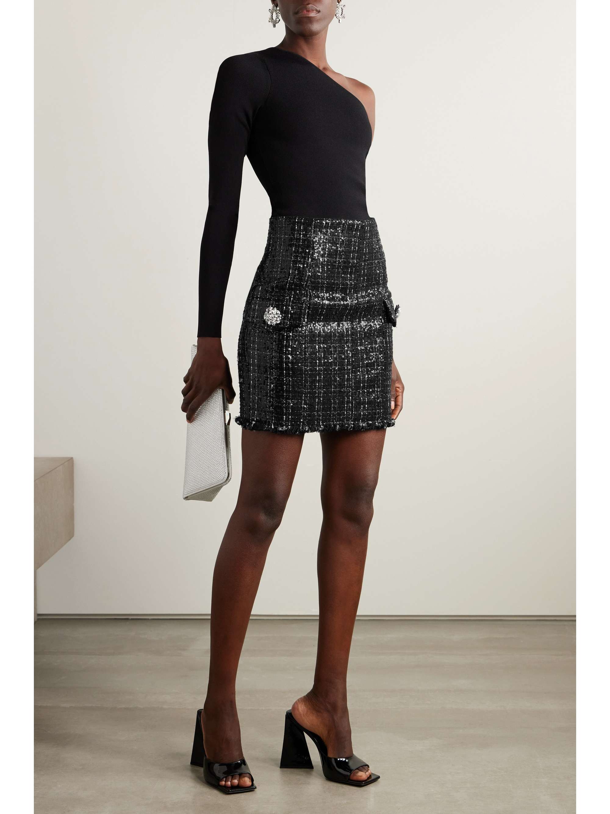 Crystal embellished sequined tweed mini skirt black FR34