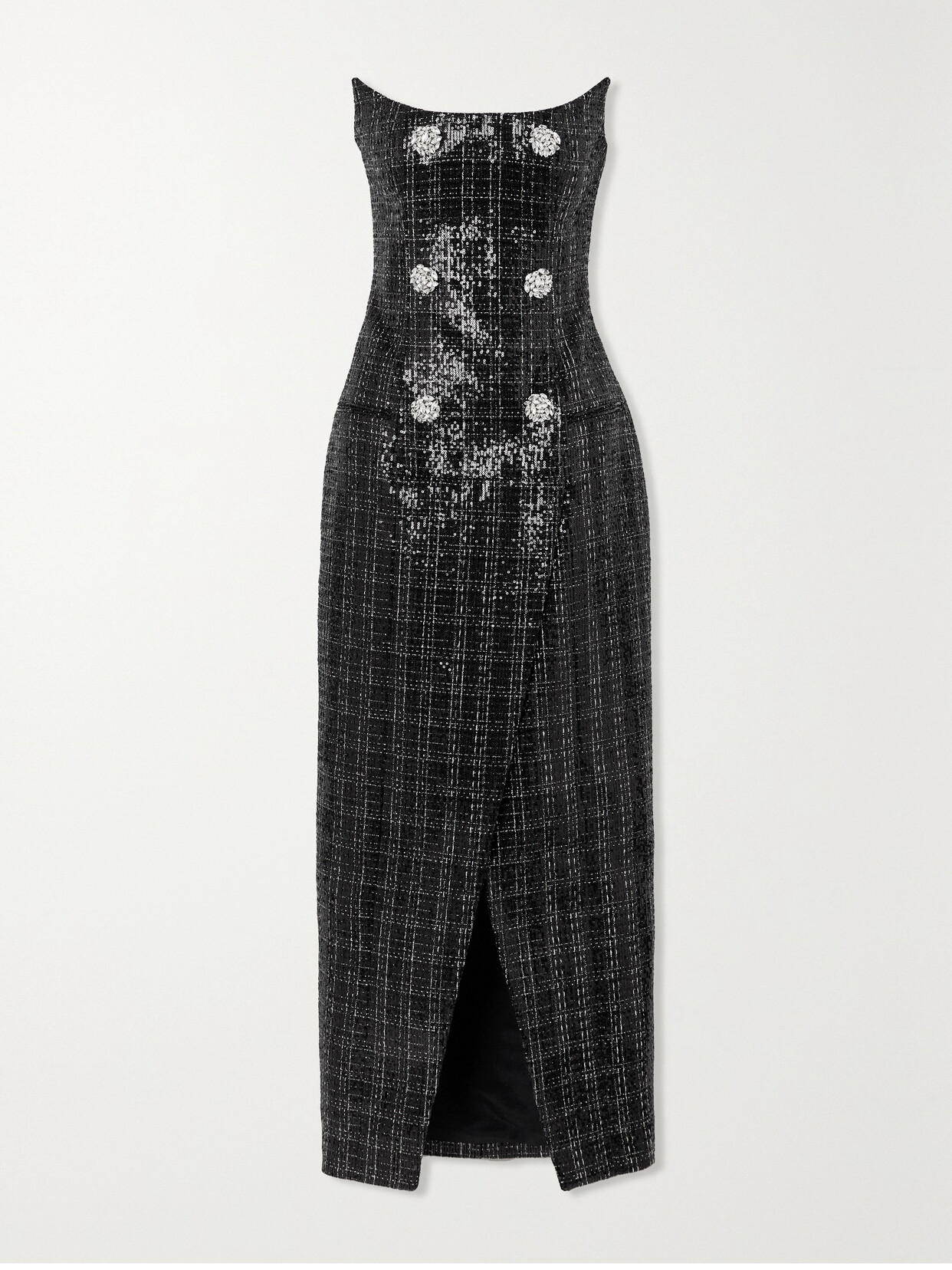 Shop Balmain Strapless Embellished Sequined Metallic Tweed Gown In Black