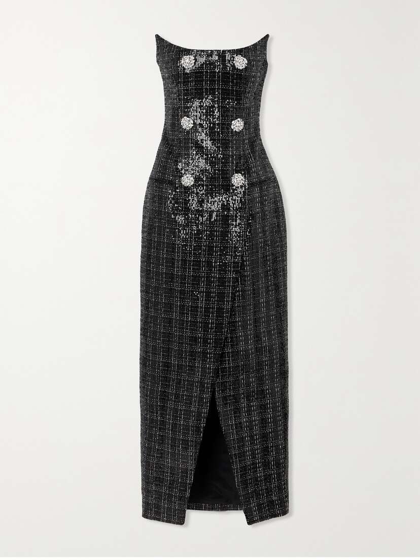 Balmain Strapless Embellished Sequined Metallic Tweed Gown